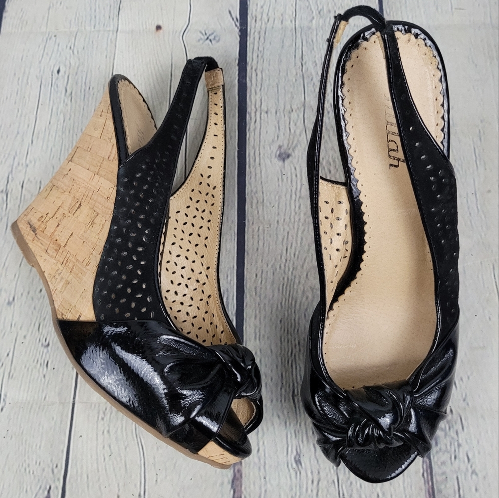 KILLAH | slingback peep toe patent lasercut knot detail high wedge shoes